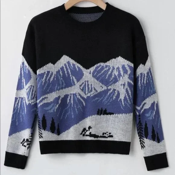 Snow Mountain Pattern Drop Shoulder Sweater Sz M New - Picture 1 of 5
